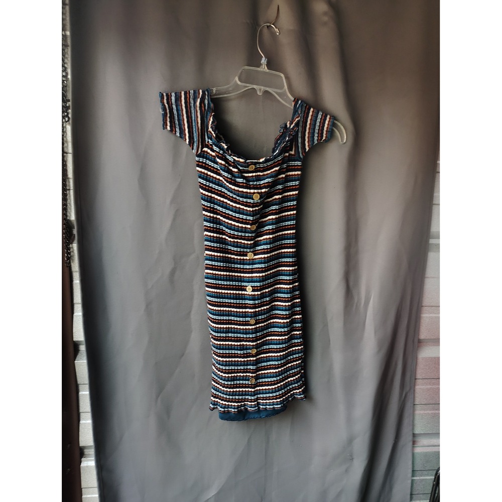 Rue21 Striped Ribbed Knit Mini Dress Blue Orange White Button Front Womens Large